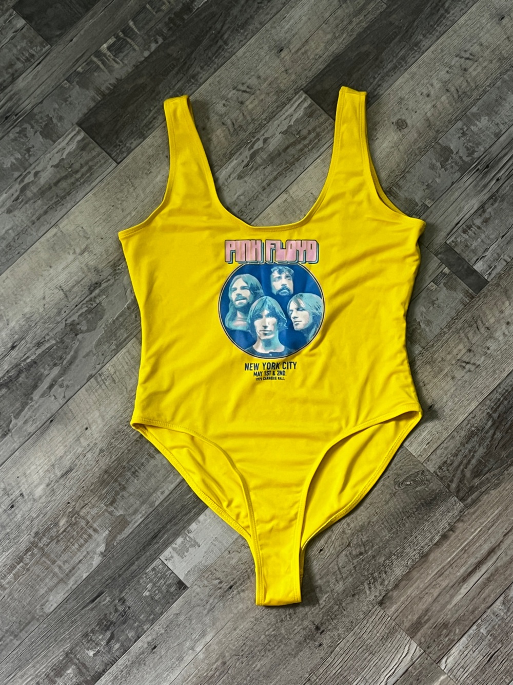 Bright yellow Vintage Pink Floyd high cut thong swimsuit
